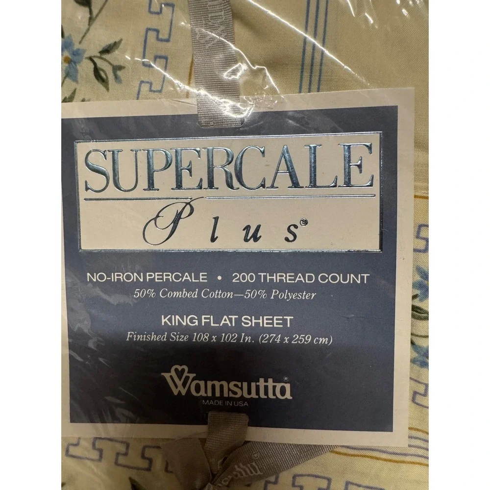 Wamsutta Supercale Plus King‎ Flat Sheet Floral Greek Key Percale 200TC Made USA